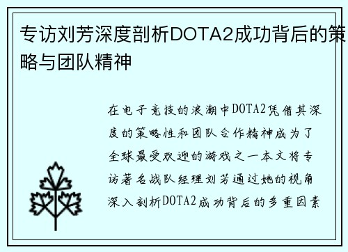 专访刘芳深度剖析DOTA2成功背后的策略与团队精神