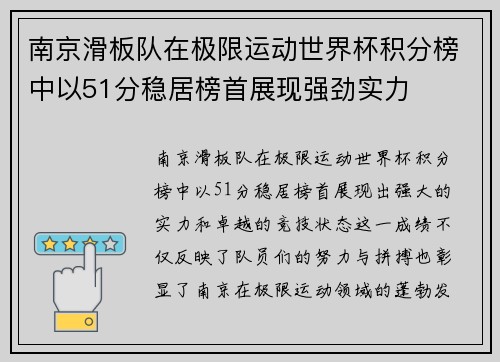 南京滑板队在极限运动世界杯积分榜中以51分稳居榜首展现强劲实力